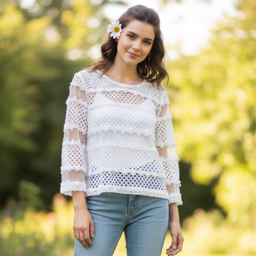 Lollipop Designed by Korea NWT Girl's XL  (14-16) White Daisy Crochet Mod Top